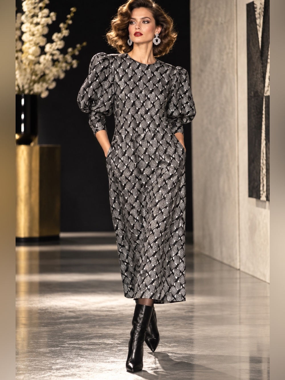 Vintage David Brown California Black Silver Metallic Puff Sleeve Maxi Dress 80s